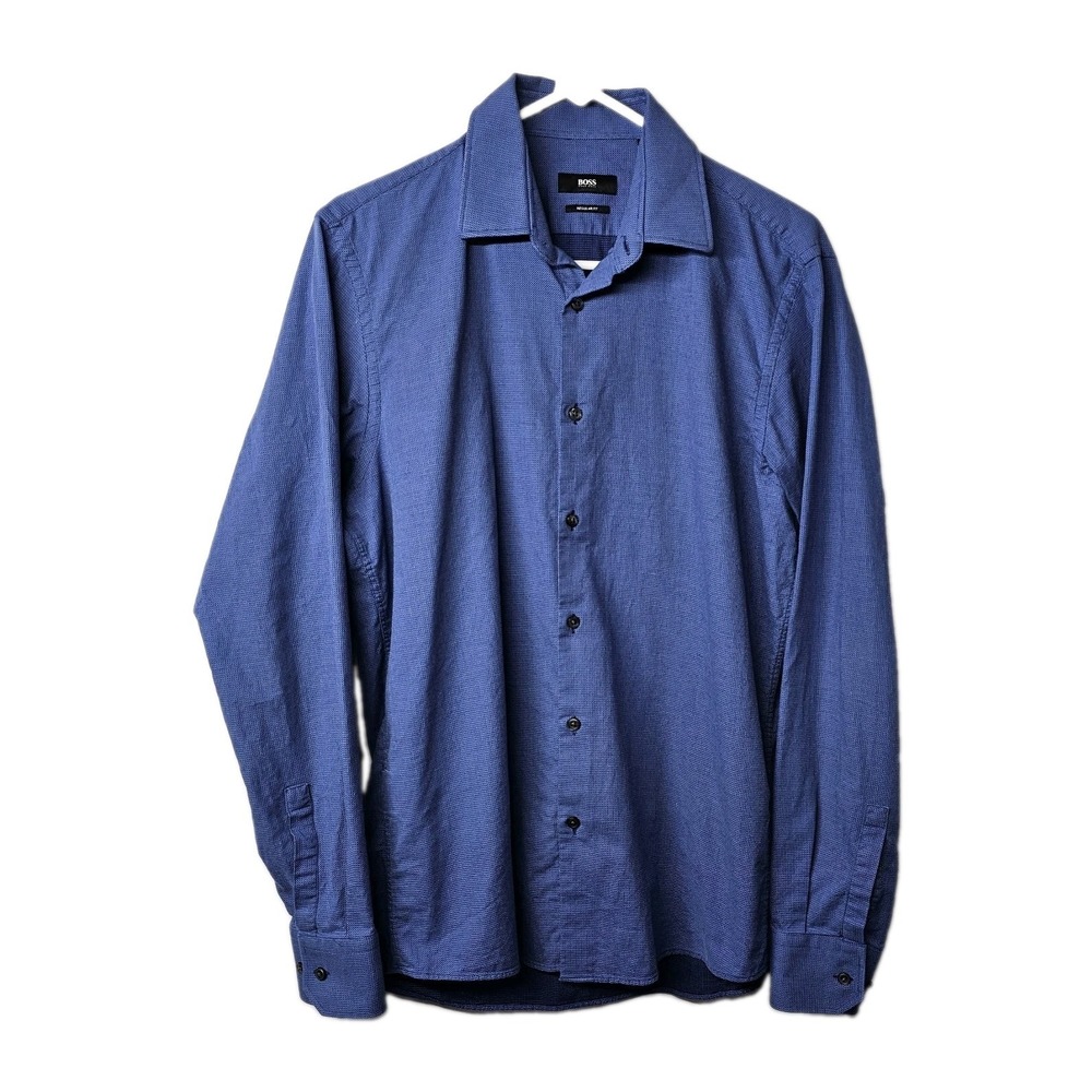 Hugo‎ Boss Shirt Mens Large 15 34/35 Blue Regular Fit Long Sleeve Button Up EUC